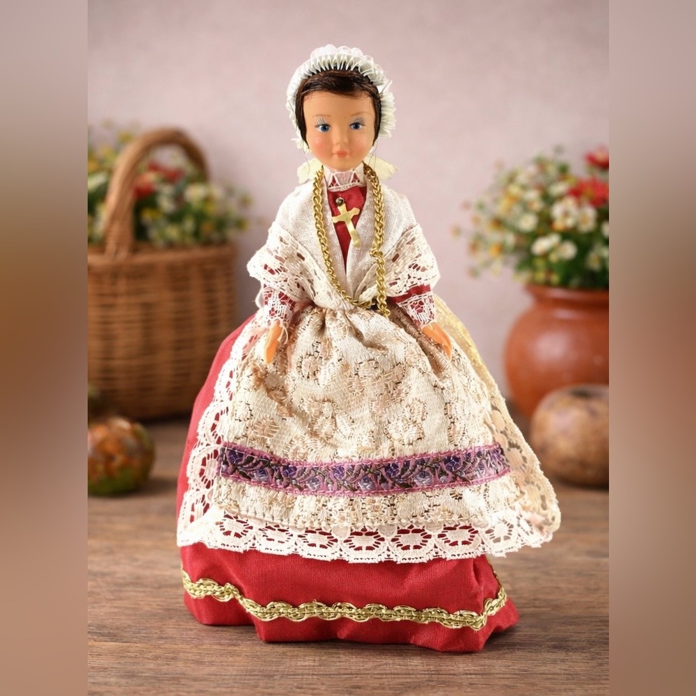 Vintage 6” European Folk Costume Doll Lace Shawl Gold Cross Red Skirt